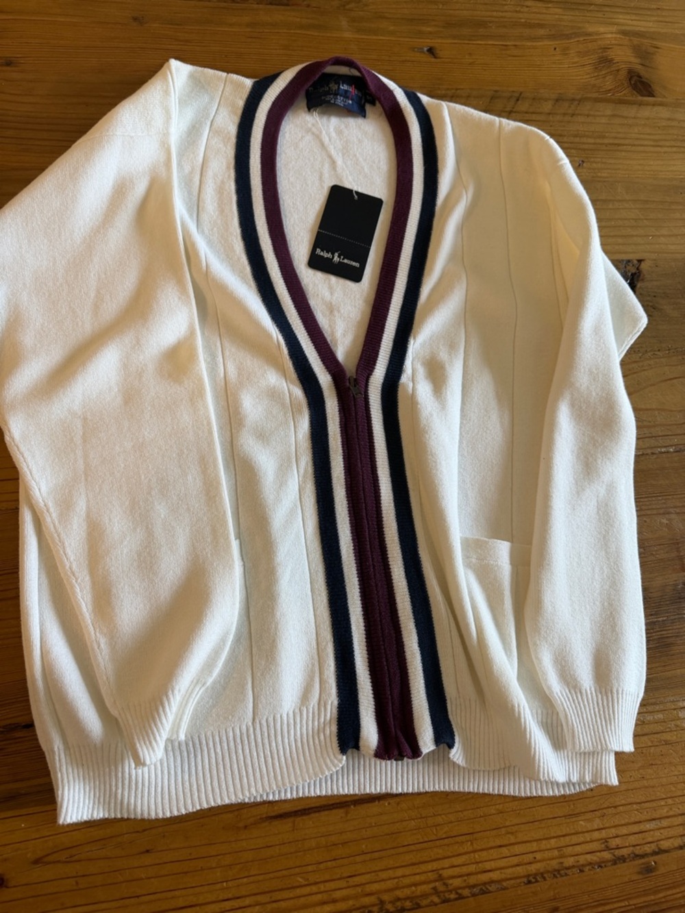 Ralph Lauren White Cardigan with Navy and Burgundy Trim - vintage
